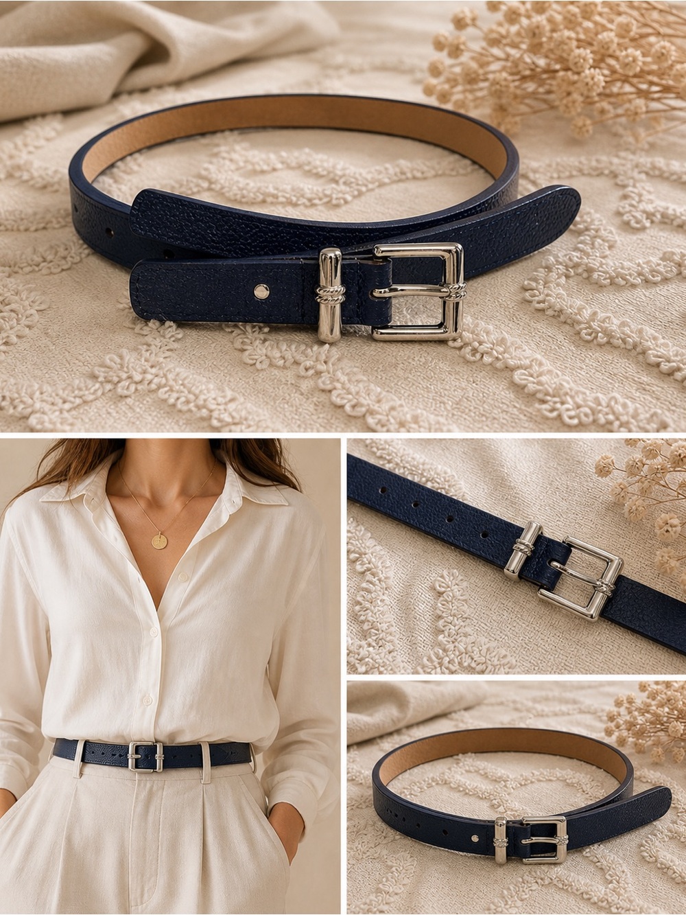 Vintage Classic Women's Navy Leather Belt with Silver Buckle